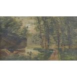 Victorian School - 'Woodland Path by Pond', oil on canvas, in gilt frame, 24 by 15cms.