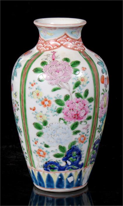 A 19th century Japanese vase decorated with flowers in enamel colours, two character mark to base,