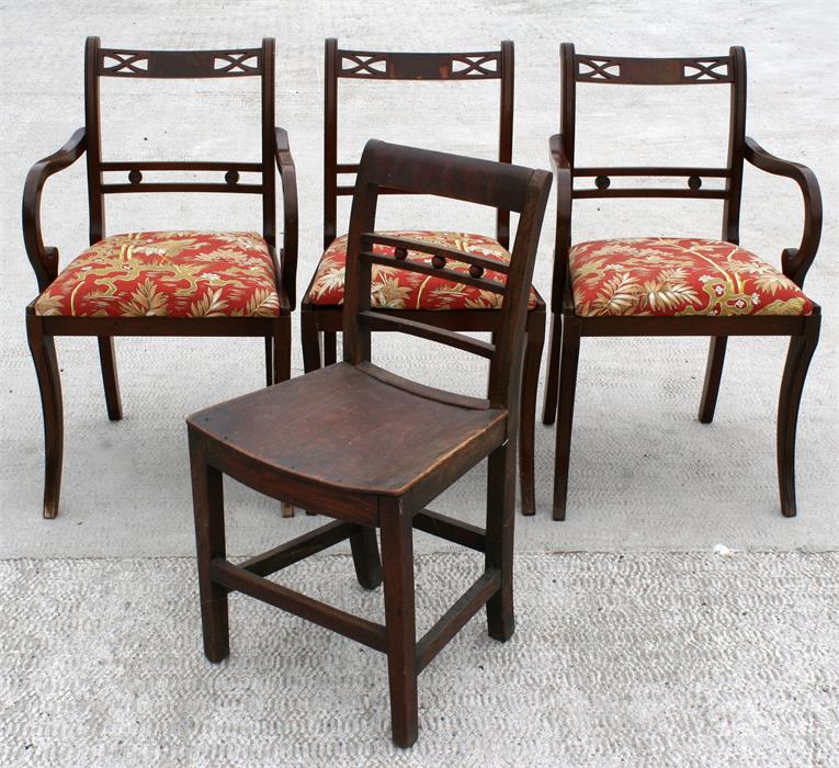 Three mahogany Regency style chairs and a country elm chair (4).
