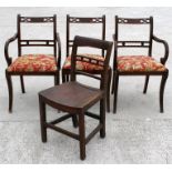 Three mahogany Regency style chairs and a country elm chair (4).