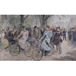 A quantity of pictures and prints including a Victorian style print of cyclists.