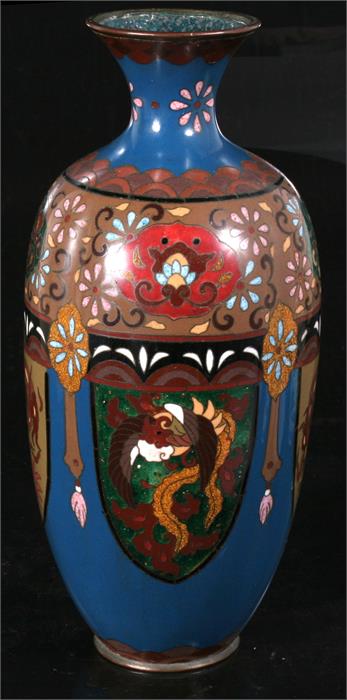 A late 19th century Japanese Meiji period Cloisonne vase decorated with stylised birds and dragons