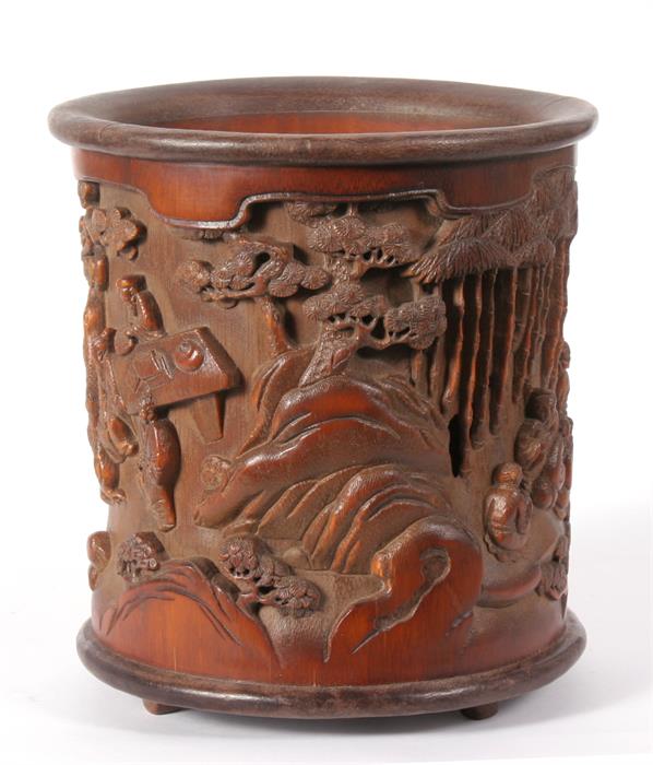 A Chinese pierced and deeply carved brush pot, depicting figures sat around tables with prunus and - Image 8 of 8