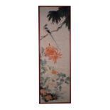 A Chinese Republic watercolour, a bird and flowers. 33cm by 102cm