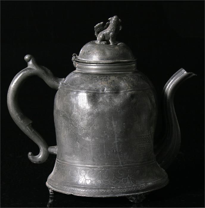 A Chinese pewter Swatow teapot, decorated with fish and figures with fo dog finial, 21cm high. - Image 2 of 3