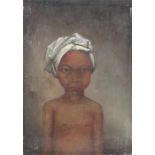 Oil on canvas - 'A West African girl wearing a turban' - unframed, 42cm by 58cm; and a pencil