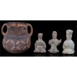 A Neolithic pottery two-handled po, 11cm high; and three Chinese pottery figures (possibly Tang