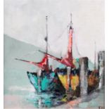 Oil on board - 'Fishing Boats in Harbour' - monogrammed 'CM' lower right, framed, 37cm by 40cm.
