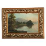 H Grimes, lake scene, oil on board, framed. 22cm by 15cm