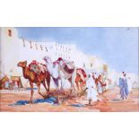 Arab School - 'Figures with Laden Camels - watercolour, framed & glazed, 43cm by 26cm.