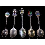 Five silver and enamel teaspoons