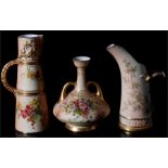 A Royal Worcester ewer, model 1047, decorated flowers on a blush ground with gilt highlights 22cm