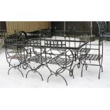 An iron rectangular garden table (lacks top), 180cm x 90cm; and eight matching chairs including