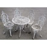 A white painted metal garden table and four matching chairs (5).