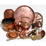 A quantity of copper and brass, including kettles, trays, and coal scuttle (box)