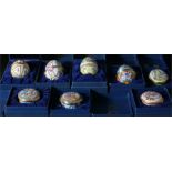 Eight Halcyon Days enamel pill boxes, in original boxes, (8).