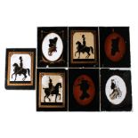 Seven glass reverse painted silhouettes including military figures, 19cm x 26cm.