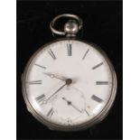 A Victorian open face pocket watch, the white enamal dial having Roman numerals and subsidiary