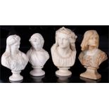 An 19th century Parian portrait bust of Oenone 29cm high; two smaller Parian busts and an