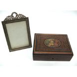 A Victorian Tumbridgeware style box, 18cm wide; and a brass strut photo frame, 12.5cm x 20cm (2).