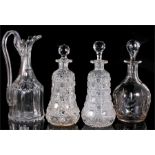 A pair of cut glass decanters, a group of pewter tankards, and other items (quantity).