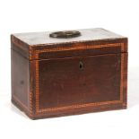 An 18th century mahogany two-division tea caddy with internal boxes having sliding lids, 18cm wide.