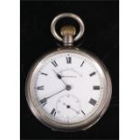 A George V open faced pocket watch, the enamel dial with Roman numerals and subsidiary seconds,