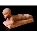 A terracotta sculpture in the form of a crawling baby, initialled to the underside 'F.C.', 8.5cm x