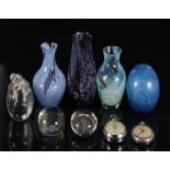 A Caithness Art Glass vase, two similar vases, paper weights and other items (box).