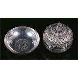 A Middle Eastern 800 grade silver pomander, 6.5cm high; and an Iraqi silver coin set dish, 7cm