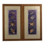 A pair of Chinese wire work embroidered panels, 12.5cm x 38m framed and glazed,