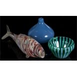 Three pieces of art glass including a model of a fish, a bowl and a vase.