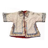 A Chinese ladies silk short winter robe, embroidered with figural scenes to collar and borders.