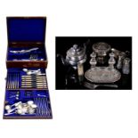 A brass bound oak cased silver plated canteen of cutlery (incomplete) and other silver plate (