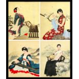 A set of four Chinese watercolours, a robed lady sat by a flowering branch, a robed lady playing a