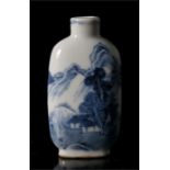 A Chinese blue & white snuff bottle, decorated with a mountain landscape scene, four- character mark