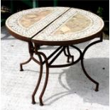 A pair of 'D' end mosaic topped garden tables, 10cms by 50cms (39.5ins by 19.5ins) (2).