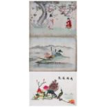 A Japanese watercolour depicting a river scene with mountains in the background, 33 by 26cms; a