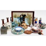 Two 19th century Chinese blue & white plates decorated with flowers; two Staffordshire figures; an