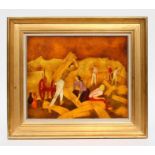 VARJA (?) 20th century - Harvesting Wheat - oil on canvas, signed lower left, framed, 45cms by 37cms