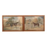 A pair of equestrian watercolour paintings - A Horse Tied to a Five Bar Fence - and - A Horse on a
