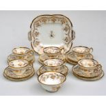 A Cauldron part tea service with gilt decoration, comprising a square serving plate, six cups, six