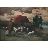 HERM RUDISUHLI, overpainted print - Shepherd and his Flock - framed & glazed, 42cms by 51cms (16.