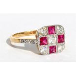 An 18ct gold ruby and diamond ring with three rows of three alternating square cut rubies and