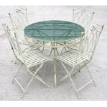 A circular painted metal garden table with four matching chairs, the table 90cms (35.5ins)