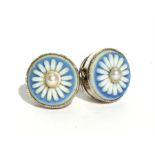 A pair of 18ct white gold Wedgwood Jasperware daisy earrings, each set with a central pearl.