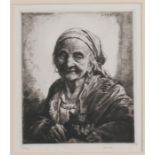 HERBERT JOHNSON HARVEY (1884-1928) signed etching, portrait of an old lady with her cat, 15cm by