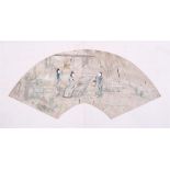 A 19th century Chinese fan painting depicting figures and birds in a garden, 48cms by 23cms (18.9ins