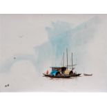 A Chinese watercolour depicting figures and boats, signed lower left, 52 by 39cms.