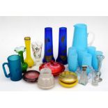 A retro blue glass lemonade set, a silver mounted yellow glass vase, and other glass items (box).